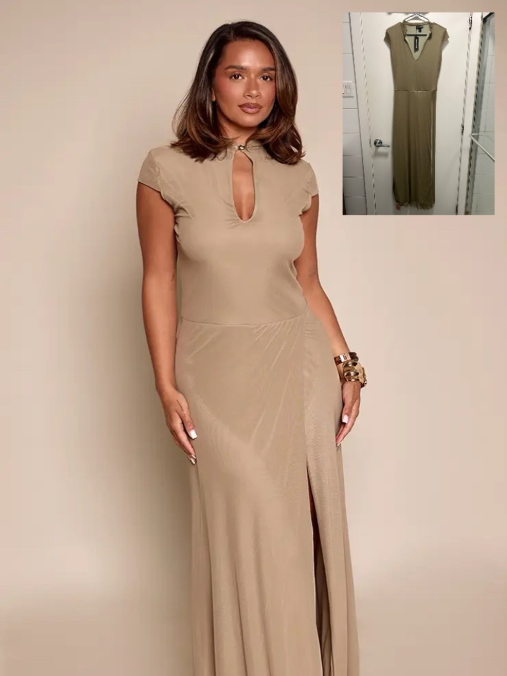 PLT Shape Keyhole Olive Mesh Fitted Maxi Dress US 8